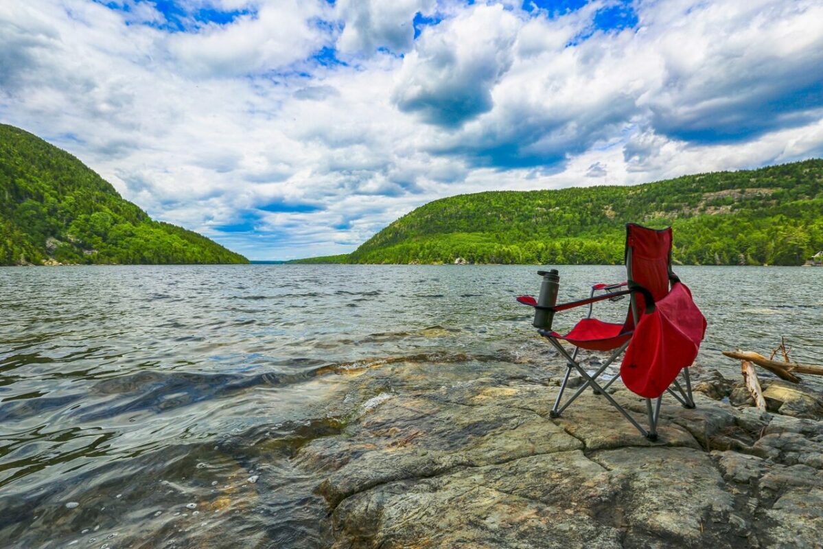 A chair with an oceanside view in Acadia National Park