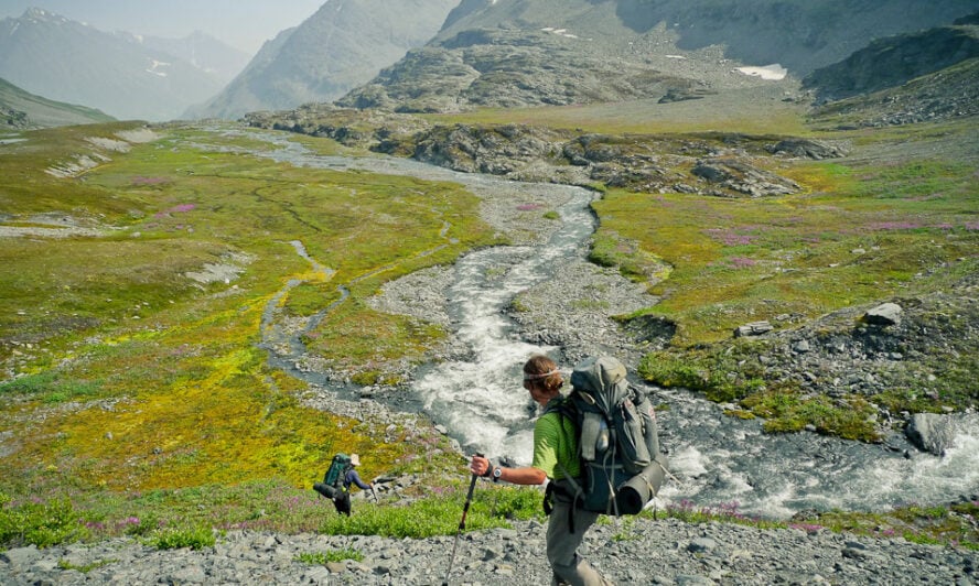 Backpackers hiking off-trail in Denali National Park 