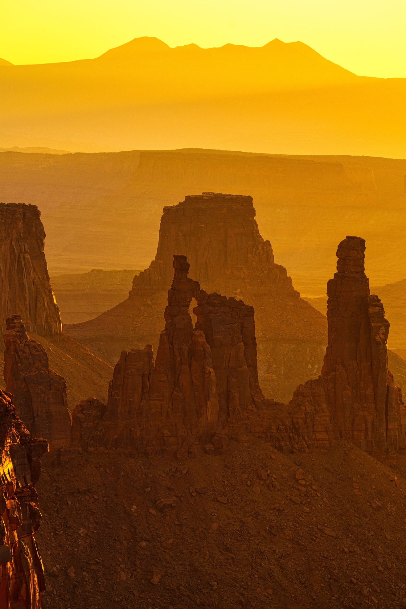 The towering sandstone formations of Canyonlands National Park in Utah