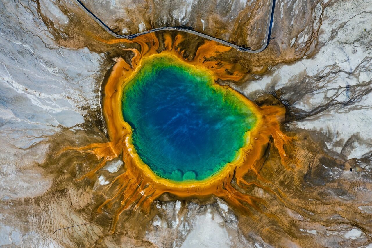 An aerial view of Grand Prismatic in Yellowstone National Park