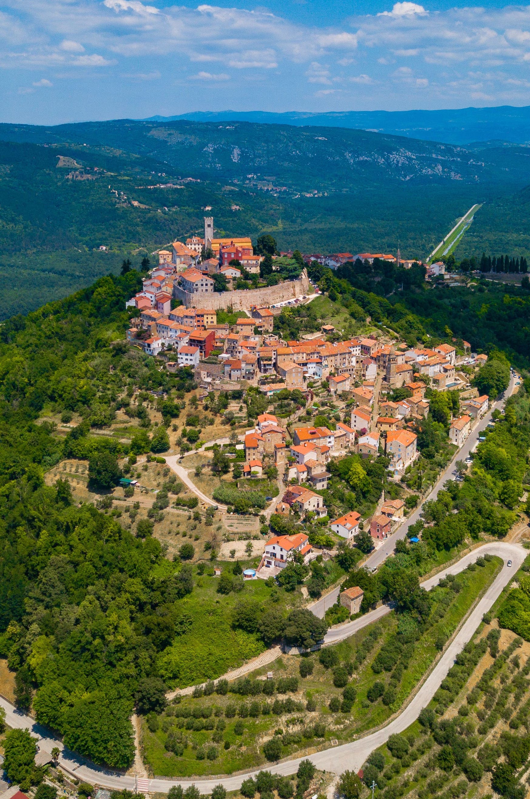 An aerial view of Motovun, a picturesque Medieval village in Istria.