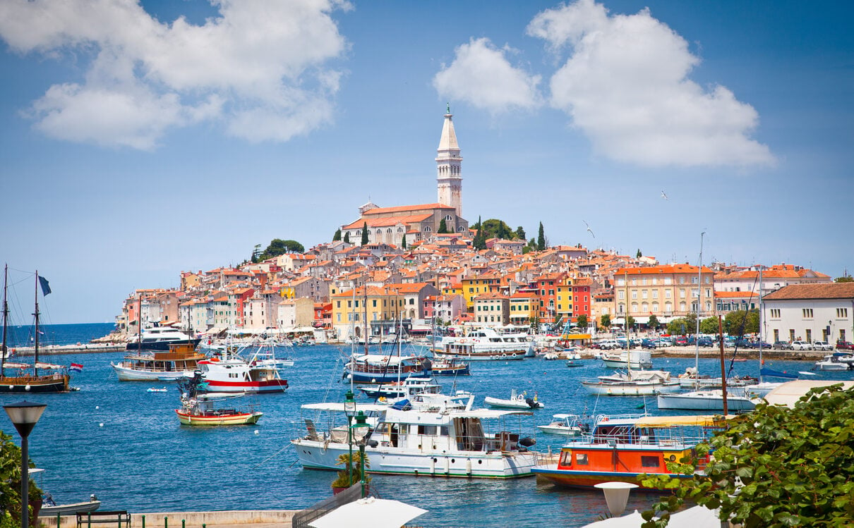 Panoramic view on old town Rovinj from harbor. Istria peninsula, Croatia