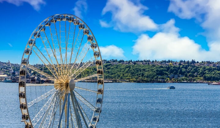 Puget Sound with Ferry Past Seattle Ferris Wheel