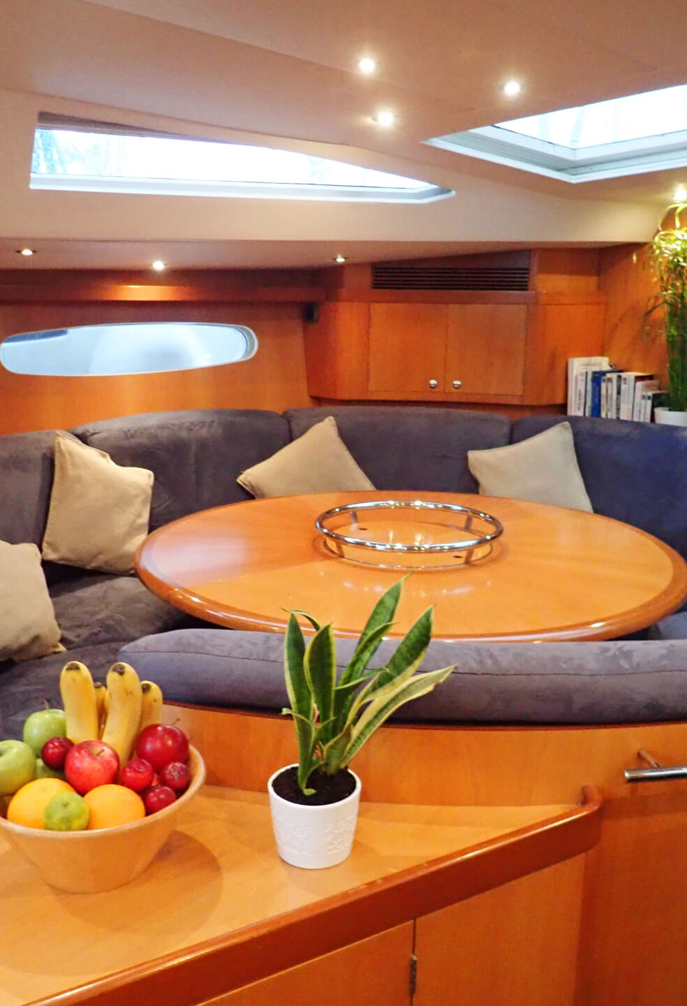 The living room on this Svalbard sailboat is extra cozy and modern.