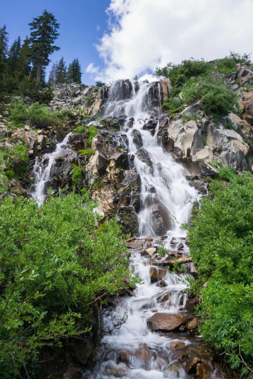 The roughly 70-foot Galena Creek Falls cascades over rocks.