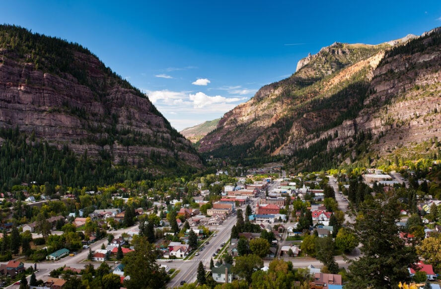 The small town of Ouray, a former model town with gridded streets, is one of the premier recreation areas in Western Colorado, including hiking, climbing, and ice climbing.