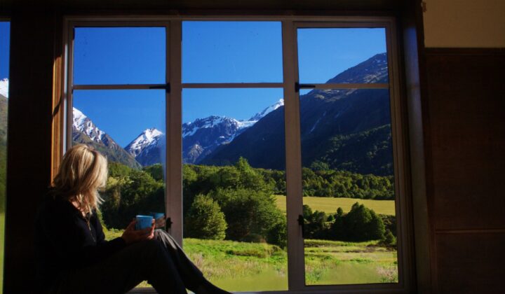 View from a window at the Aspiring Hut in the Southern Island