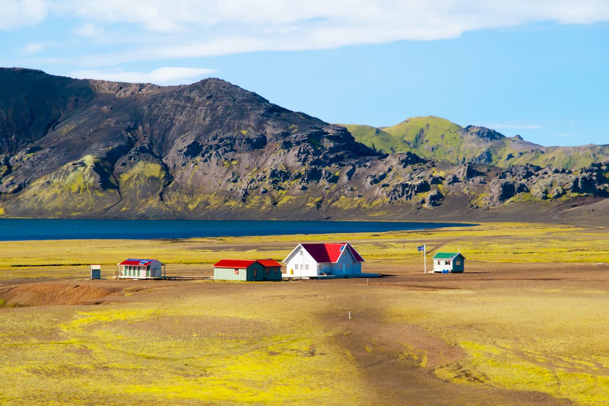 Hut at Alftavatn lake, Laugavegur trail landscape, Iceland