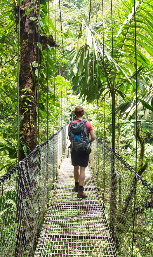 Hiker walking on a suspension bridge on the way to the Arenal volcano.