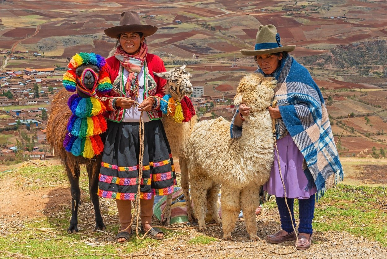 Quechua people in traditional colourful outfits and a llama