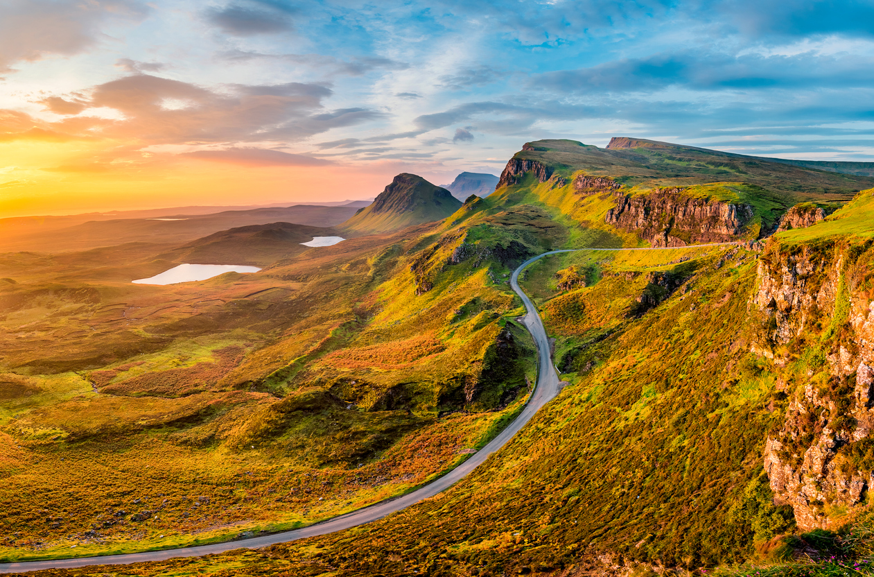 View of Quiraing, slopes and a trail.