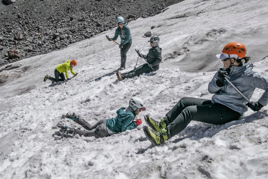  A group of climbers practice self-arrest on Mount Shasta.