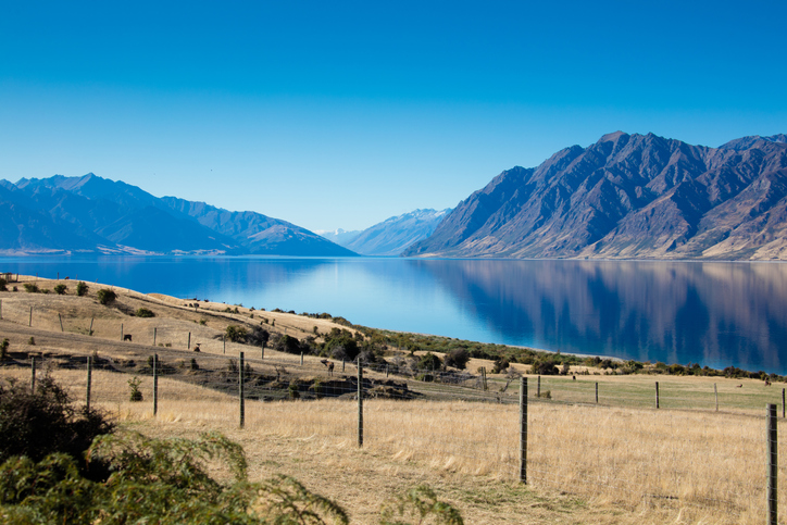Lake Hawea surrounded by steep mountains