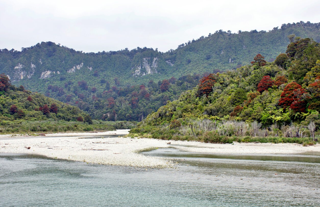 River bank and tree-covered hills in the background.