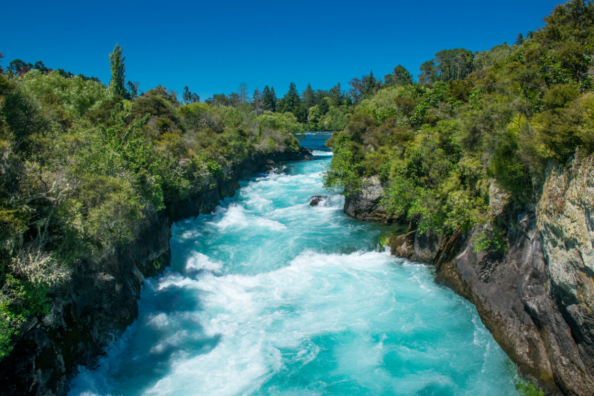Aerial view of a blue river in a powerful flow in a narrow rock corridor covered in trees. 