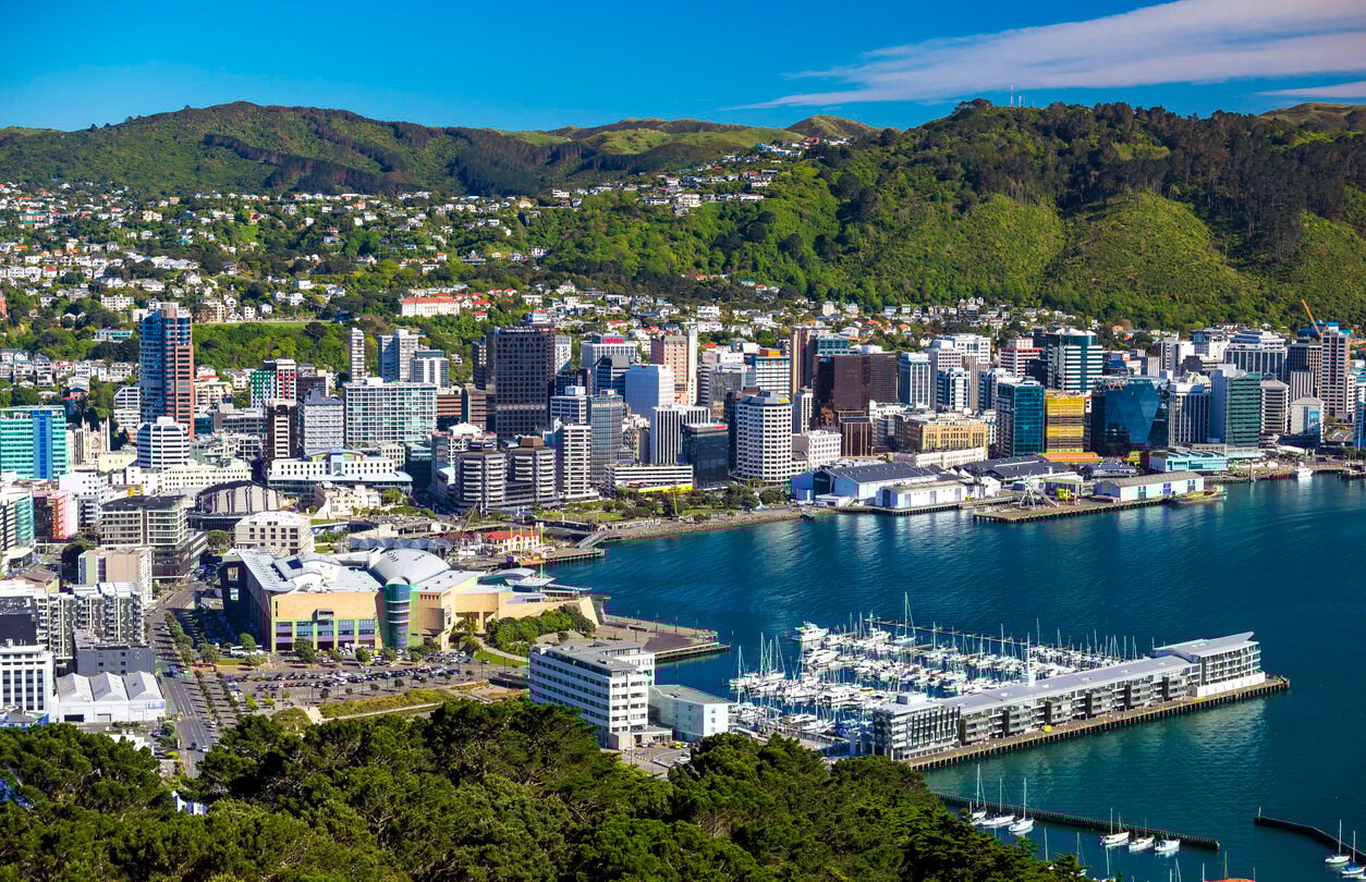 City vedute from the trees and sea in the foreground, skyscrapers in the middle and residential area in the hills in the background.