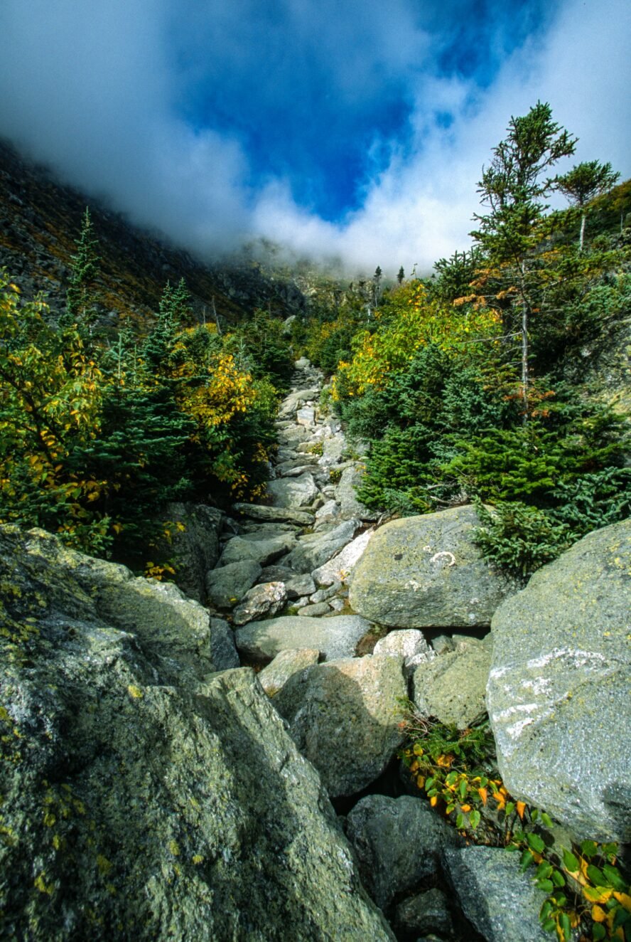 Looking up the rocky ravine that is part of the Tuckerman Ravine Trail.