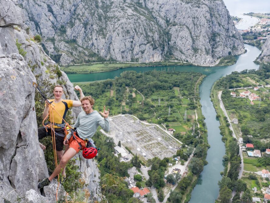 Viktor and Perica, founders of 57hours, climbing Secret of Cetina (6b+) in Omiš.