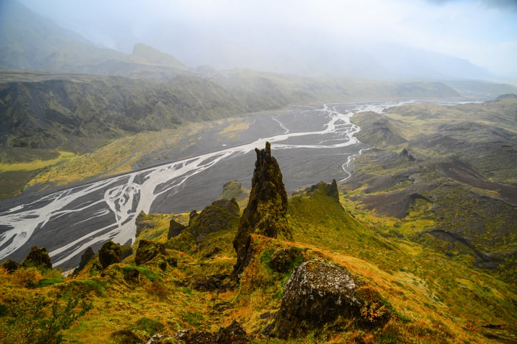 Epic view of Thorsmork valley from the summit of Mount Valahnúkur, Thorsmork National Park, Iceland