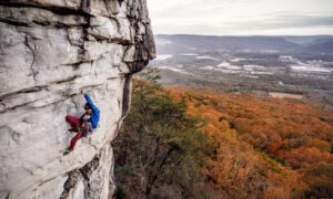 Beckett Honiker climbs Great White Fright at Sunset Rock.