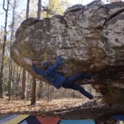 A climber projects The Orb (V8) at Rocktown.