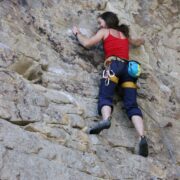 The author climbs Premarital Drilling (5.10b) at Foster Falls.