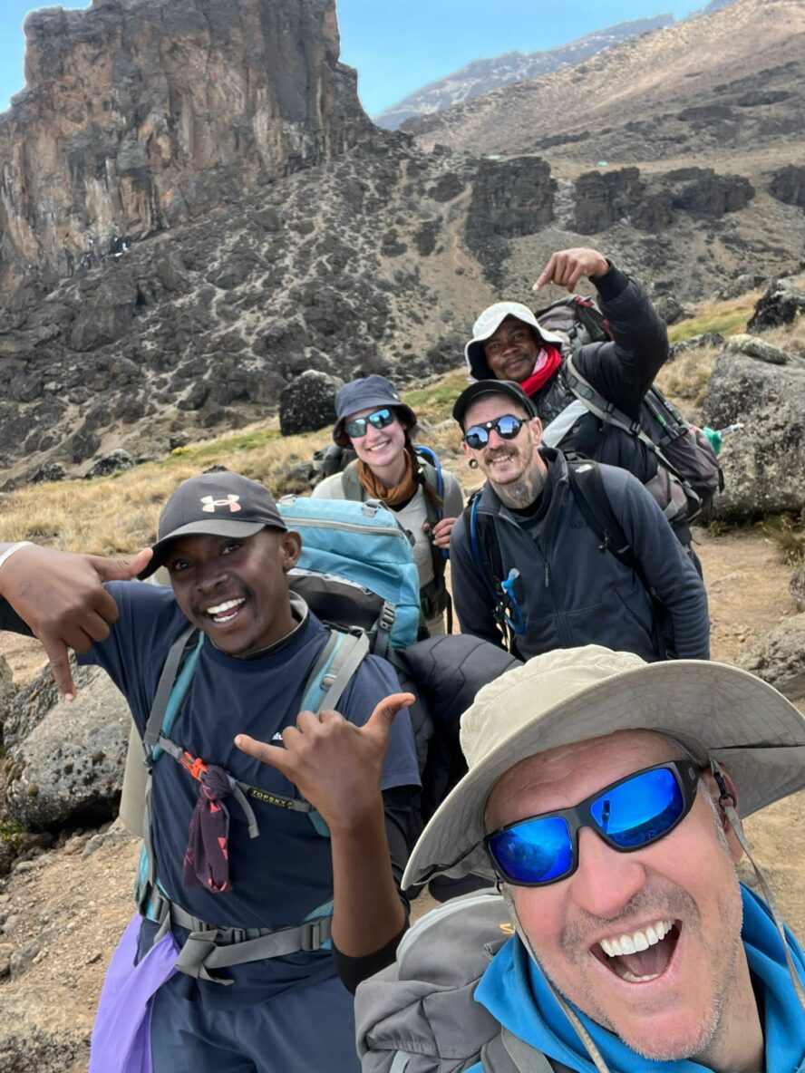 Group of Eco-Africa Climbing clients and guides coming down from Lava Tower Camp.