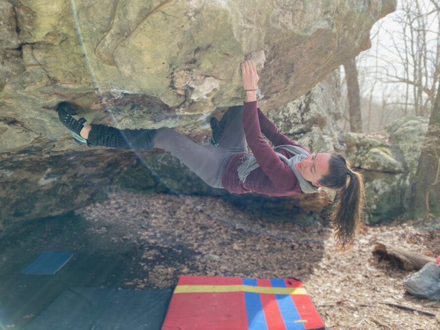 The author climbs Tractor Traylor (V8) at Rocktown.