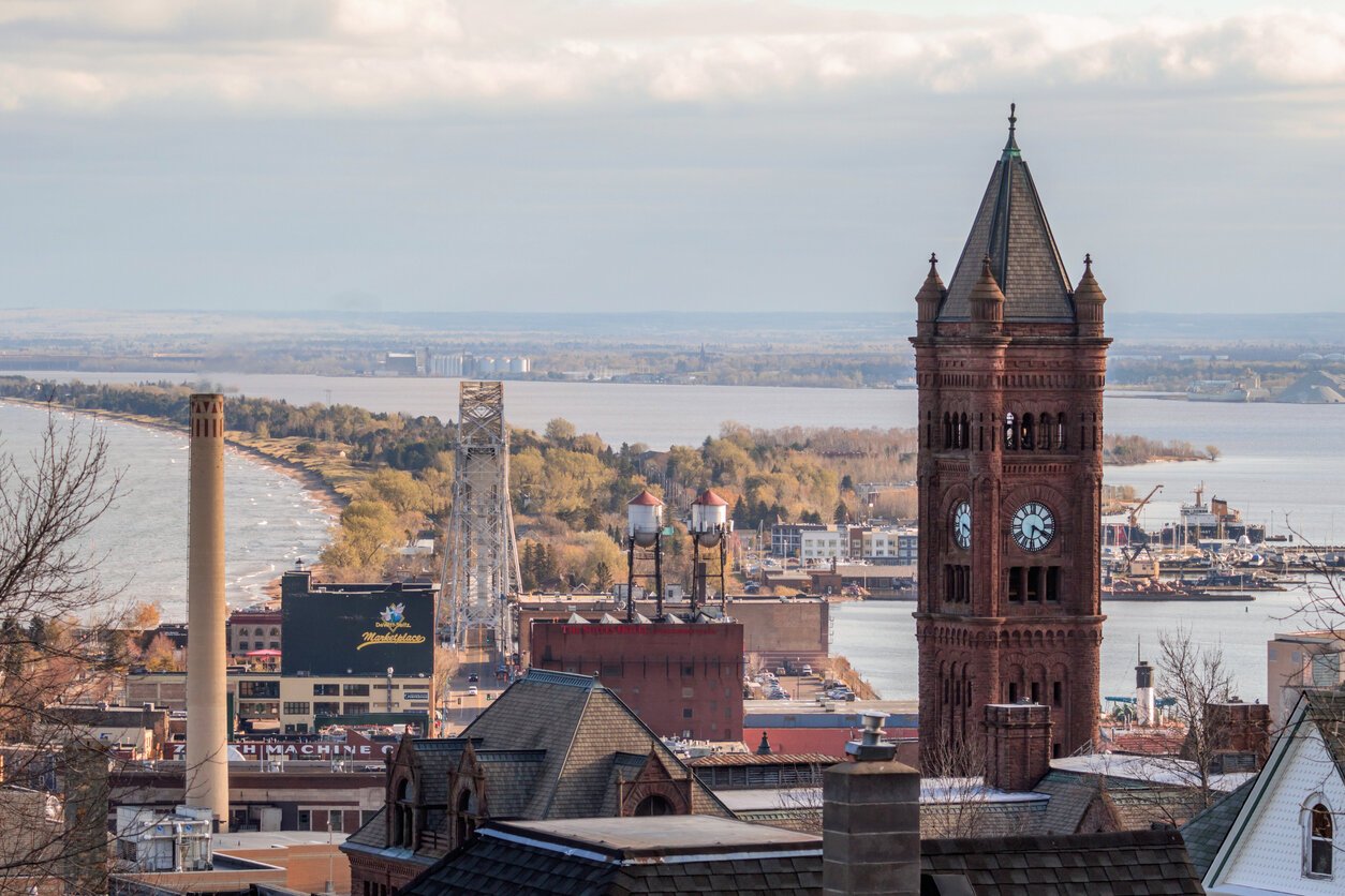 A High Angle Telephoto Shot Compressing the Duluth Lift Bridge, Minnesota Point, and the Clock Tower at Duluth's Adult Learning Center on a Beautiful Fall Day