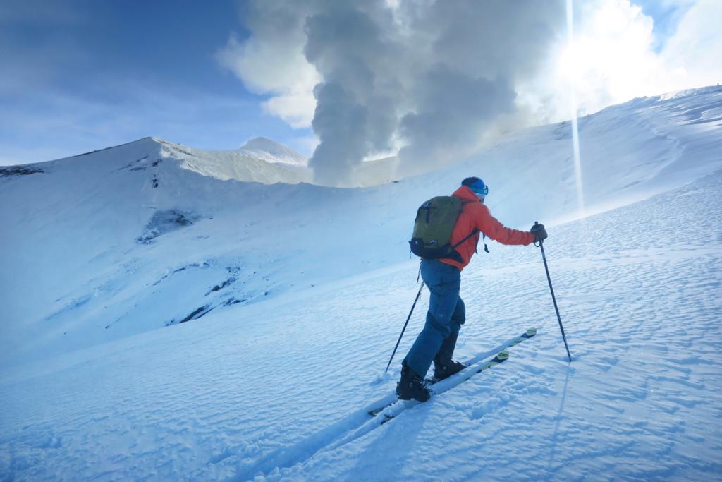 A tourer ascending a slope on a volcano in Hokkaido, Japan.