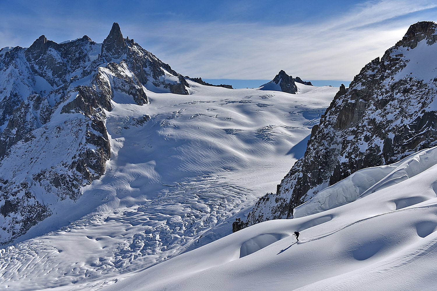 Panorama of a skier in the middle of Mer de Glace