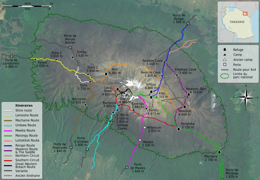 Map of Mount Kilimanjaro showing the popular hiking and climbing routes.