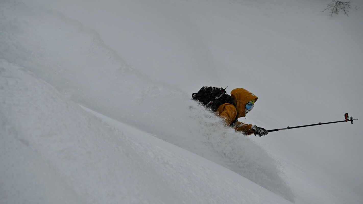A skier turning in deep powder near Racha, Georgia.
