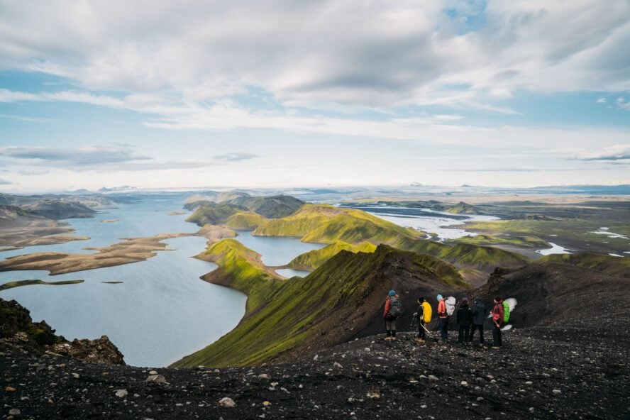 A group of hikers enjoying some of the best views of the Icelandic Highlands in Langisjór.