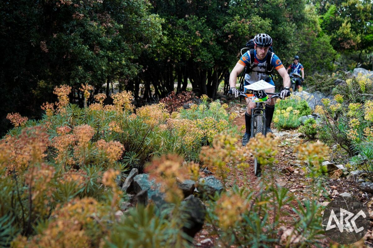 A person mountain biking through the bushland of Croatia with green and yellow flowers