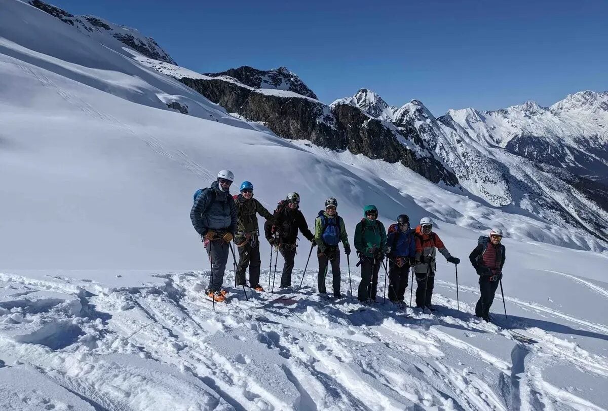 Golden group of skiers