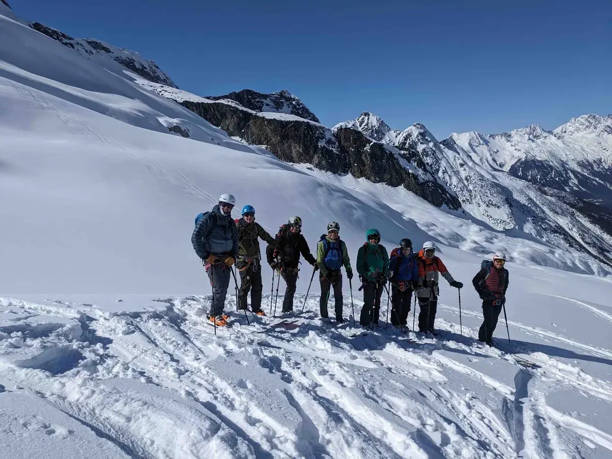 Golden group of skiers