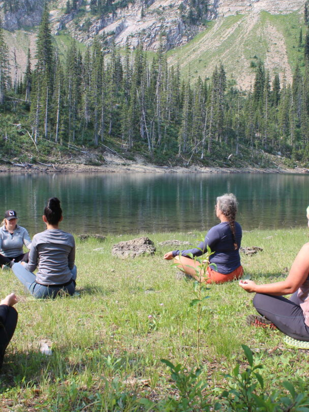 A group of women and dogs in Montana mountains.
