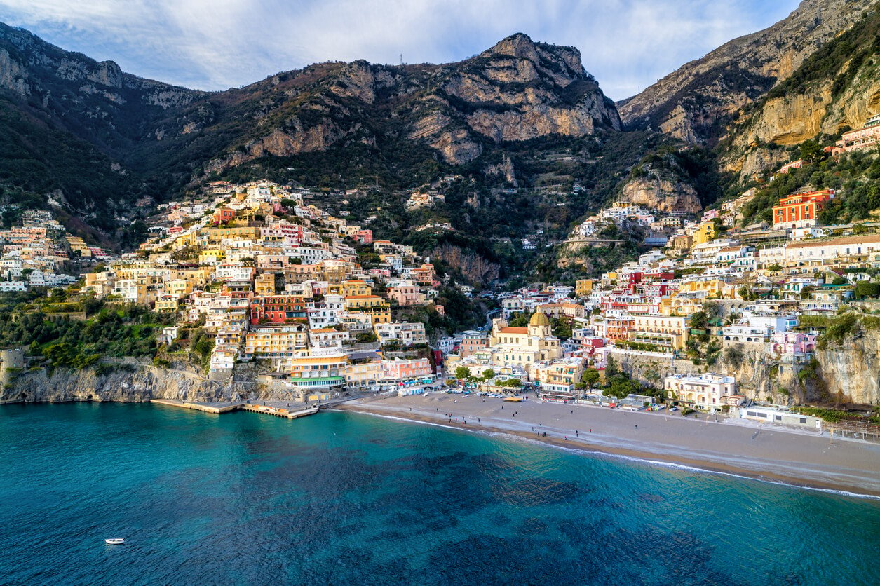 Aerial View of Positano, Travel destination on the Amalfi coast, Southern Italy