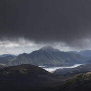 Panorama of Langisjor with very dark clouds approaching the area.