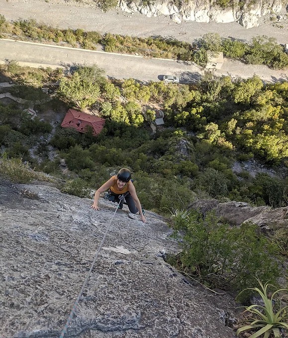 A rock climber posing for a photo in El Potrero Chico, Mexico.