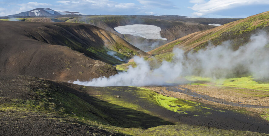 Steaming vents in the middle of a small valley in Landmannalaugar.