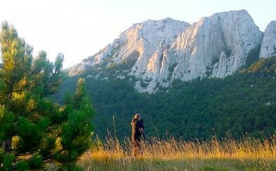 A man standing in green and yellow field with Velebit mountain in the background