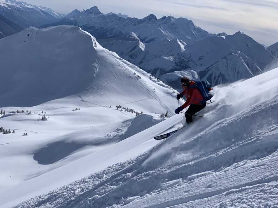 AIARE Avalanche Safety Instructor John Morrone skiing some slopes in British Columbia.