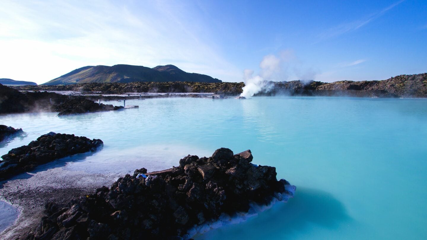 Milky blue waters of the geothermal spa, Blue Lagoon, one of the most visited attractions in Iceland.
