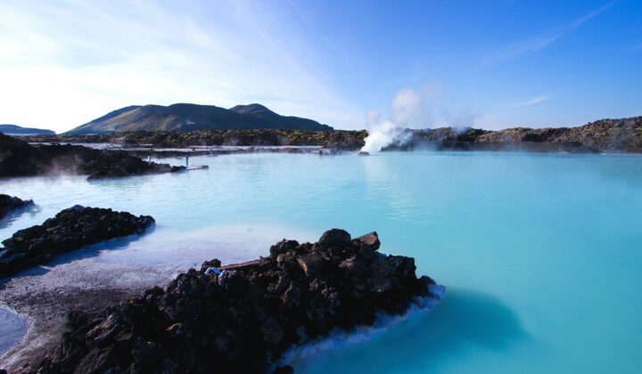 Milky blue waters of the geothermal spa, Blue Lagoon, one of the most visited attractions in Iceland.