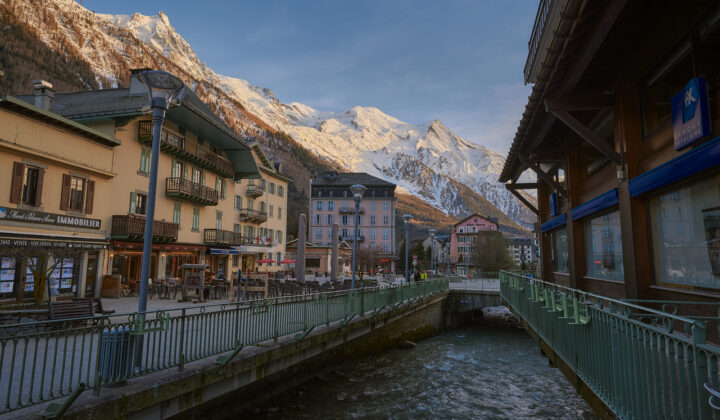 A landscape of Chamonix-Mont-Blanc town at sunset with Mont-Blanc mountain and the Alps in the background, France