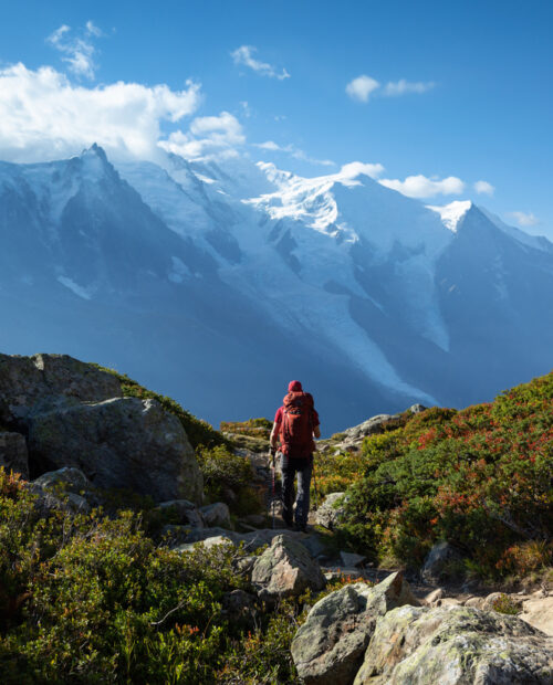 A man hiking on the famous Tour du Mont Blanc near Chamonix, France.