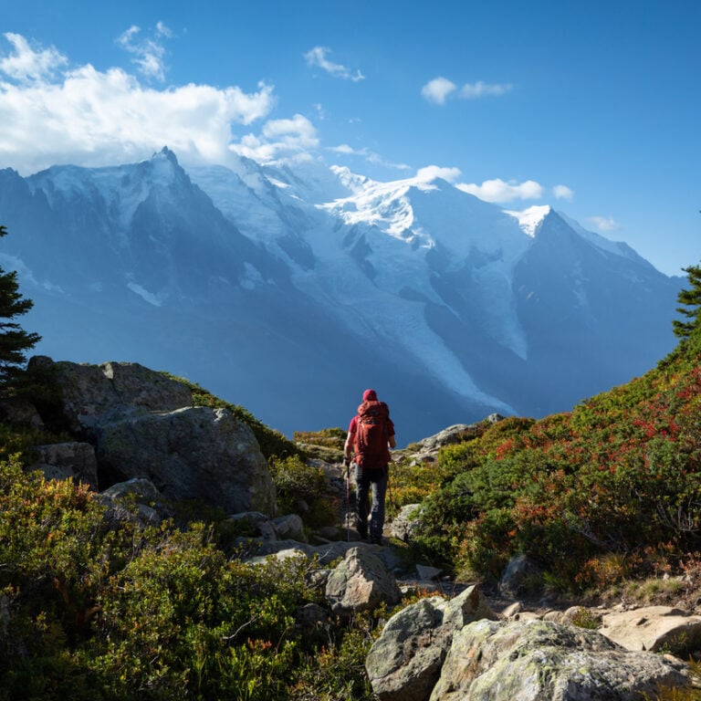 A man hiking on the famous Tour du Mont Blanc near Chamonix, France.