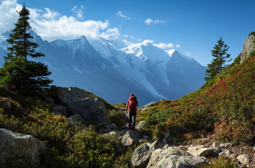 A man hiking on the famous Tour du Mont Blanc near Chamonix, France.